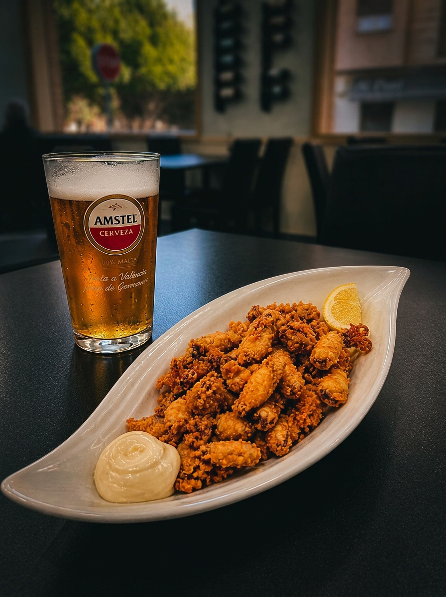 Caña de Amstel con ración de puntillitas fritas y alioli
