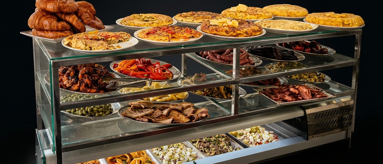 Vitrina de tapas y almuerzos de Bar Galeta: tortillas, embutidos y revueltos
